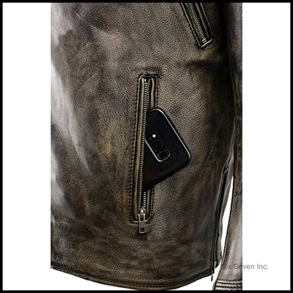 Men's Classic Distressed Brown Leather Triple Stitched Motorcycle Biker Jacket - Picture 7 of 7